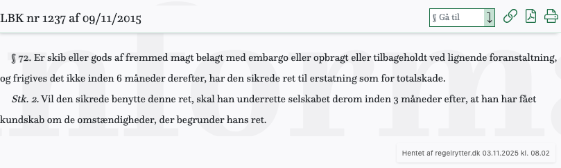 Screenshot af § 72. fra retsinformation.dk