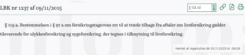 Screenshot af § 119 a. fra retsinformation.dk