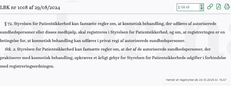 Screenshot af § 72. fra retsinformation.dk