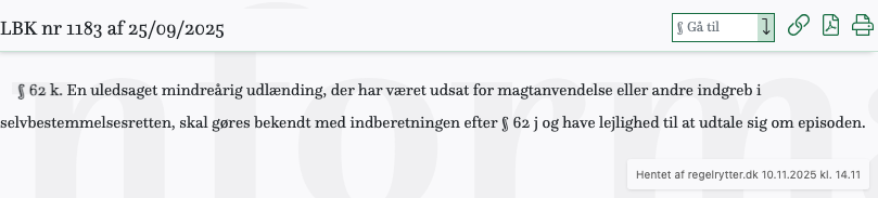 Screenshot af § 62 k. fra retsinformation.dk
