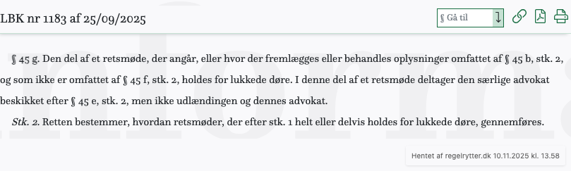 Screenshot af § 45 g. fra retsinformation.dk