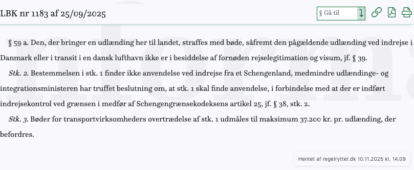 Screenshot af § 59 a. fra retsinformation.dk