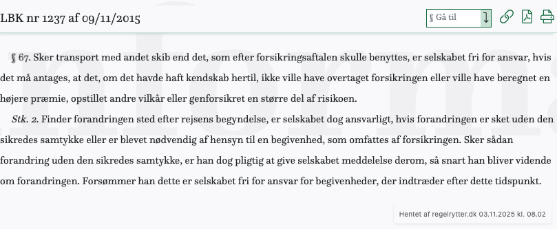 Screenshot af § 67. fra retsinformation.dk