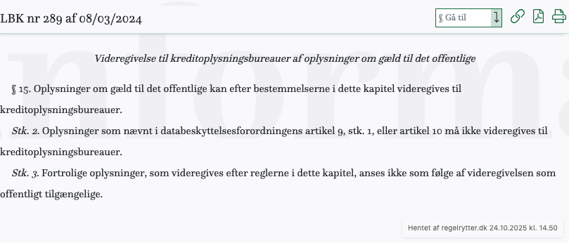 Screenshot af § 15. fra retsinformation.dk