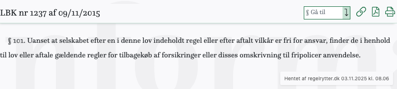 Screenshot af § 101. fra retsinformation.dk