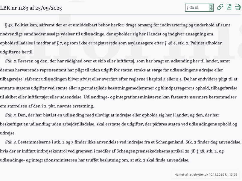 Screenshot af § 43. fra retsinformation.dk