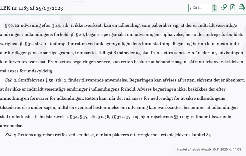 Screenshot af § 50. fra retsinformation.dk