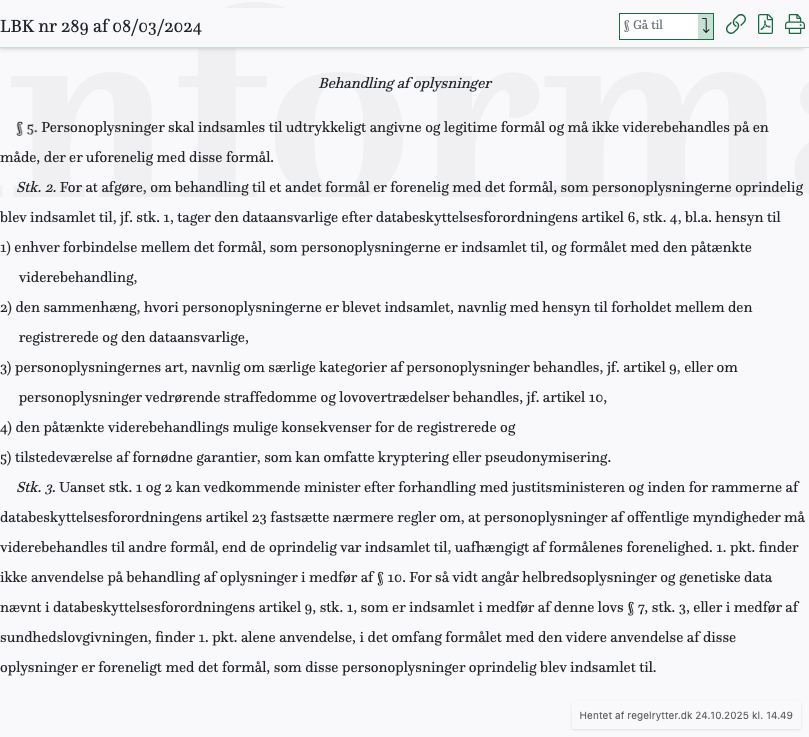 Screenshot af § 5. fra retsinformation.dk