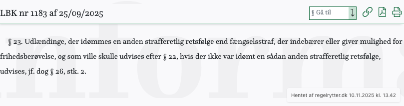 Screenshot af § 23. fra retsinformation.dk