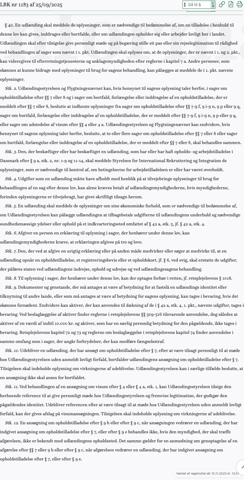 Screenshot af § 40. fra retsinformation.dk