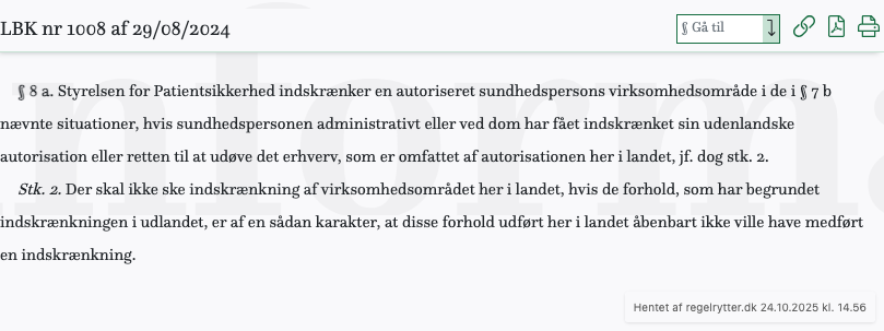 Screenshot af § 8 a. fra retsinformation.dk