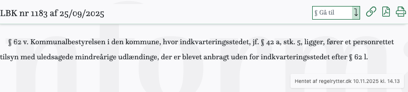 Screenshot af § 62 v. fra retsinformation.dk