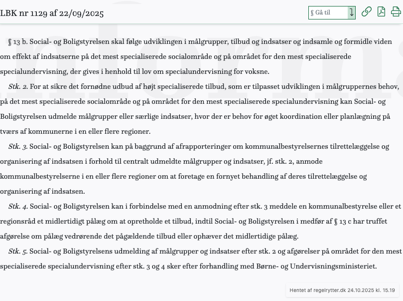 Screenshot af § 13 b. fra retsinformation.dk