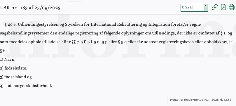Screenshot af § 40 e. fra retsinformation.dk