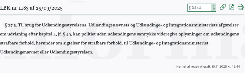 Screenshot af § 27 a. fra retsinformation.dk