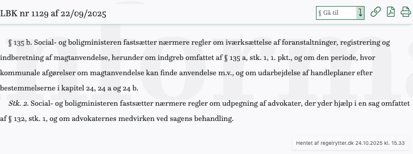 Screenshot af § 135 b. fra retsinformation.dk