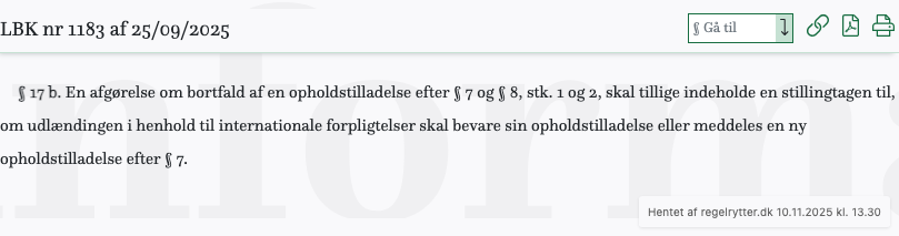 Screenshot af § 17 b. fra retsinformation.dk