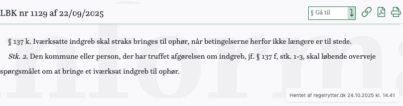Screenshot af § 137 k. fra retsinformation.dk