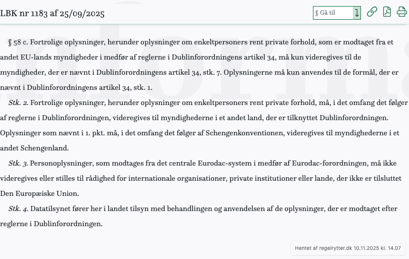 Screenshot af § 58 c. fra retsinformation.dk