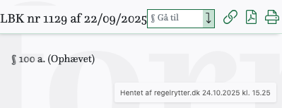Screenshot af § 100 a. fra retsinformation.dk