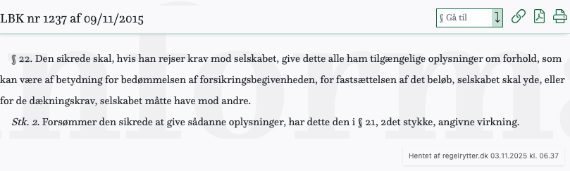 Screenshot af § 22. fra retsinformation.dk