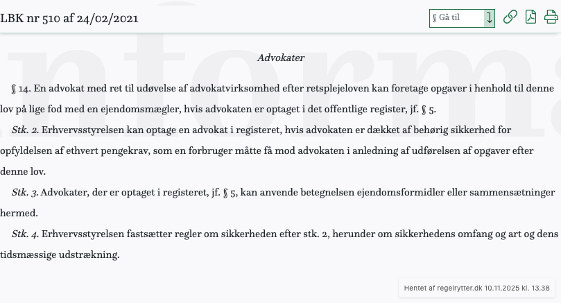 Screenshot af § 14. fra retsinformation.dk