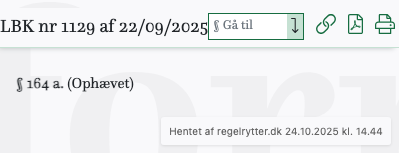 Screenshot af § 164 a. fra retsinformation.dk