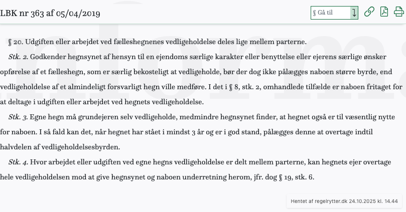 Screenshot af § 20. fra retsinformation.dk