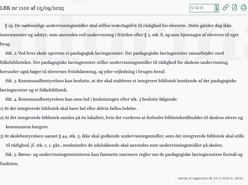 Screenshot af § 19. fra retsinformation.dk
