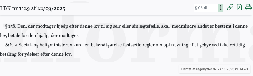 Screenshot af § 158. fra retsinformation.dk