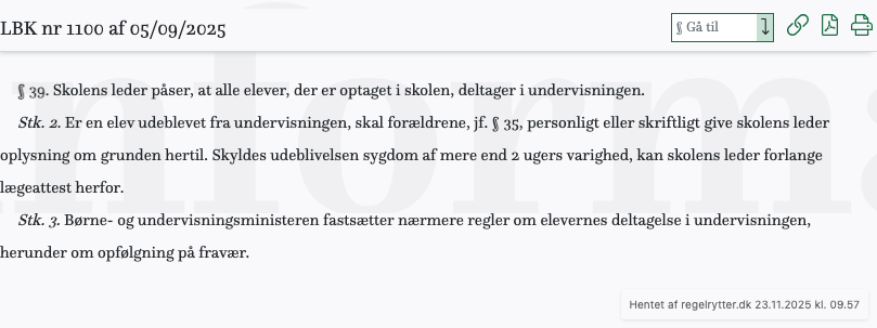 Screenshot af § 39. fra retsinformation.dk