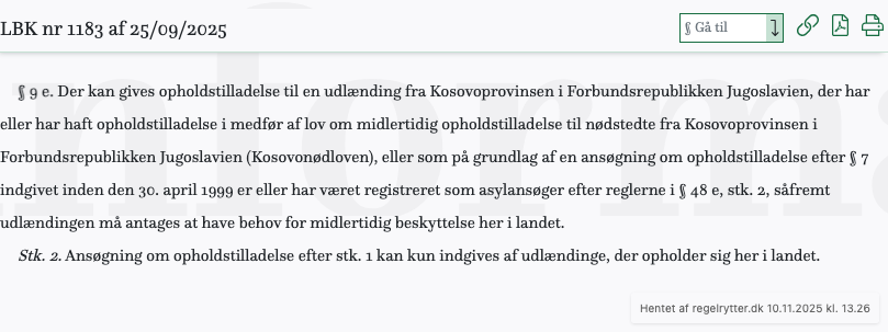 Screenshot af § 9 e. fra retsinformation.dk
