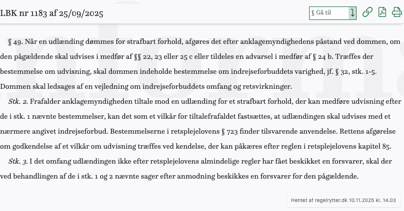 Screenshot af § 49. fra retsinformation.dk