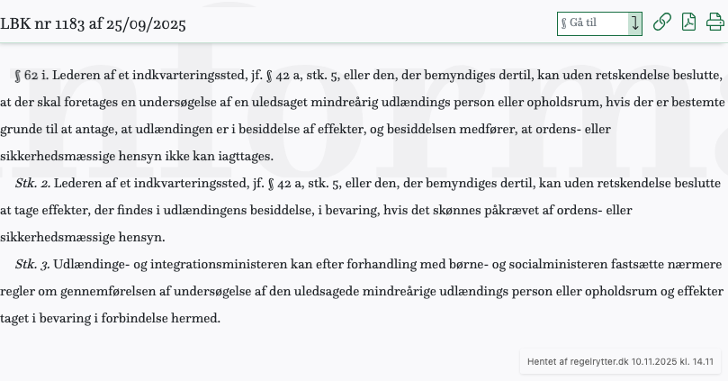 Screenshot af § 62 i. fra retsinformation.dk