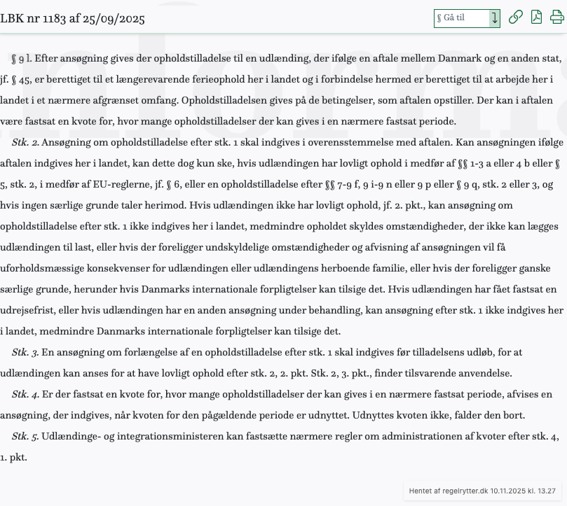 Screenshot af § 9 l. fra retsinformation.dk