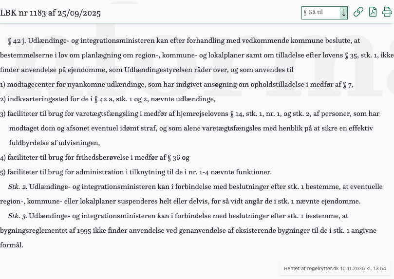 Screenshot af § 42 j. fra retsinformation.dk