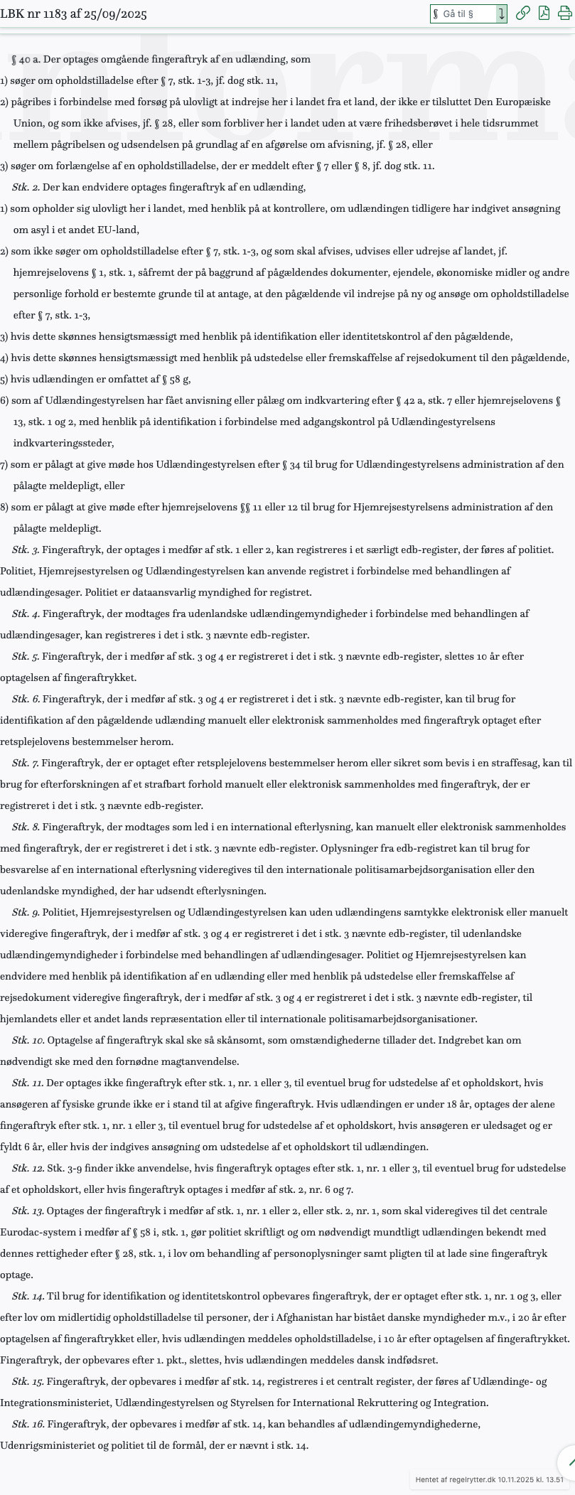 Screenshot af § 40 a. fra retsinformation.dk