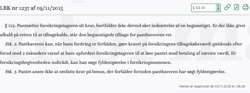 Screenshot af § 112. fra retsinformation.dk