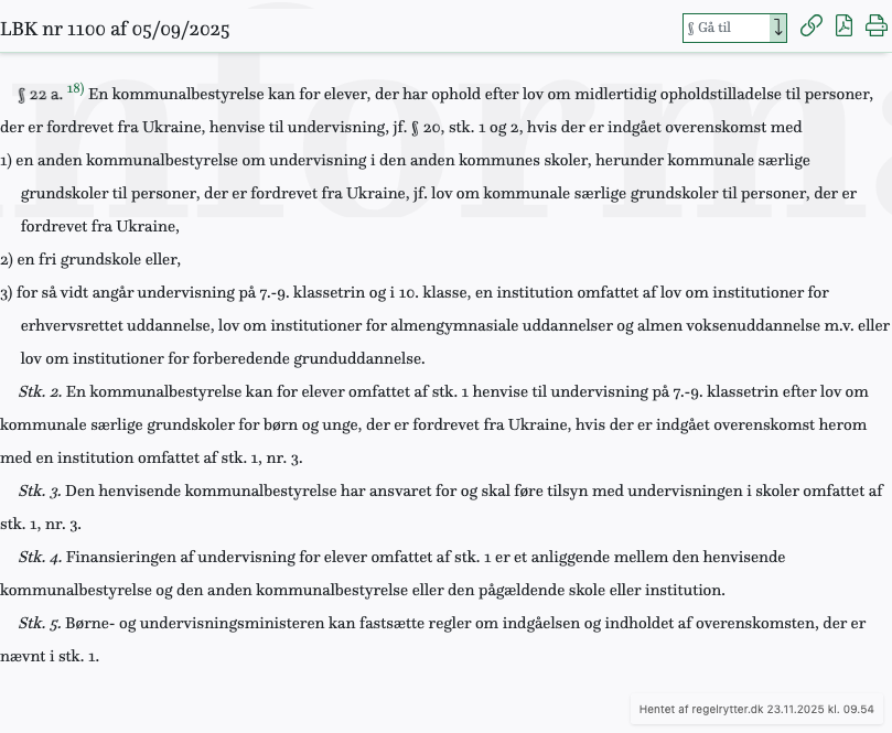 Screenshot af § 22 a. fra retsinformation.dk