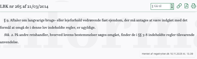 Screenshot af § 9. fra retsinformation.dk
