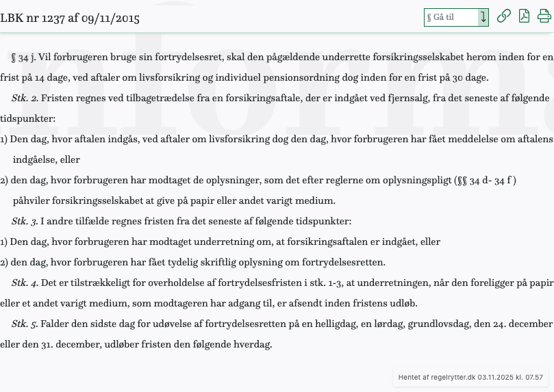 Screenshot af § 34 j. fra retsinformation.dk