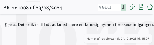 Screenshot af § 72 a. fra retsinformation.dk