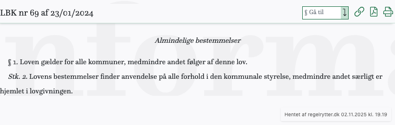 Screenshot af Kommunestyrelsesloven fra retsinformation.dk