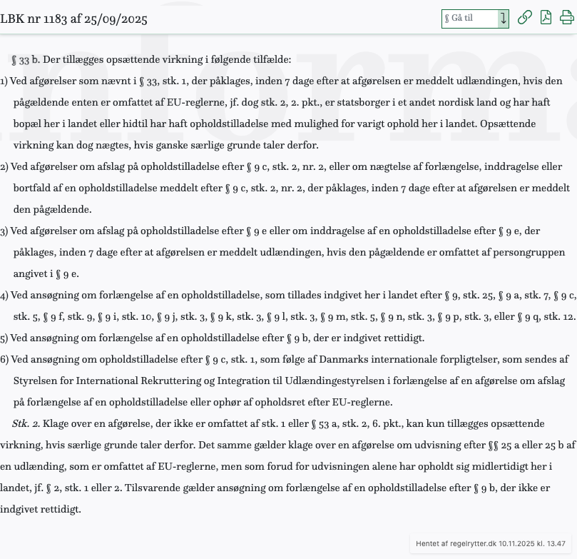 Screenshot af § 33 b. fra retsinformation.dk