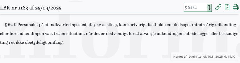 Screenshot af § 62 f. fra retsinformation.dk
