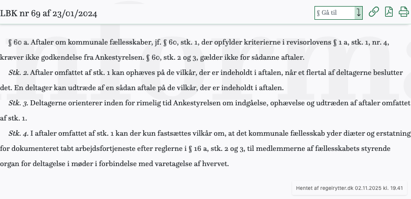 Screenshot af § 60 a. fra retsinformation.dk