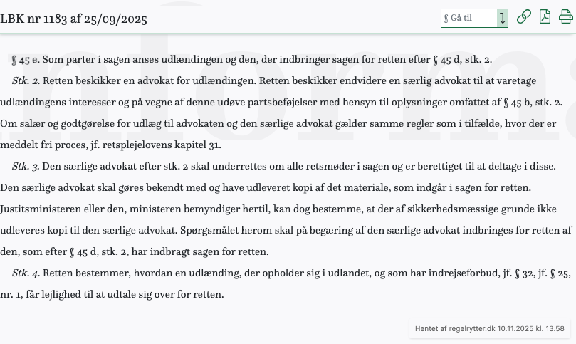 Screenshot af § 45 e. fra retsinformation.dk