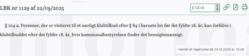 Screenshot af § 104 a. fra retsinformation.dk