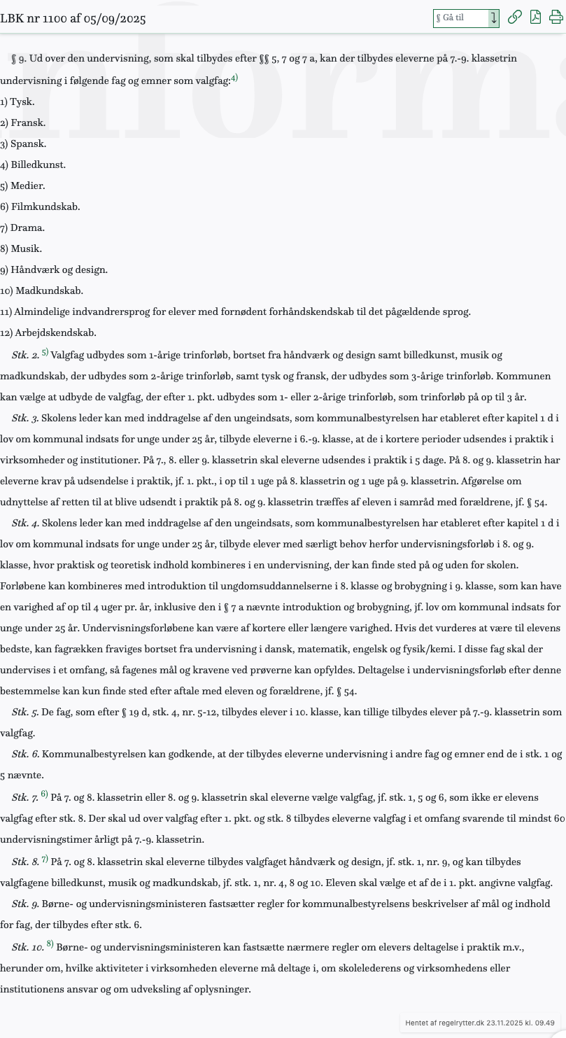 Screenshot af § 9. fra retsinformation.dk