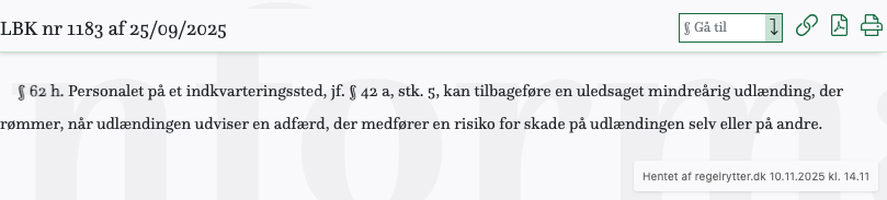 Screenshot af § 62 h. fra retsinformation.dk
